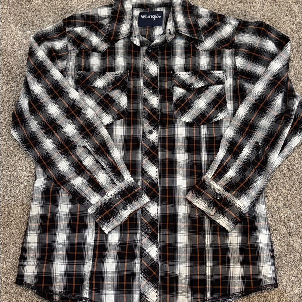 Wrangler Kids Black and Orange Plaid Shirt